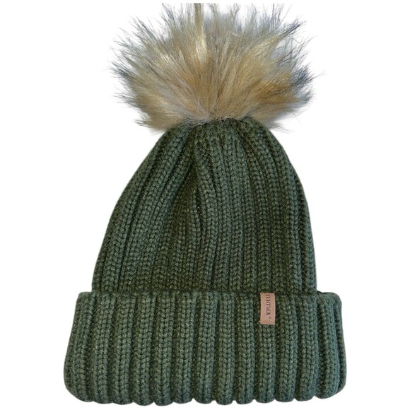 CC Beige Knit Beanie FURTALK Green Faux Fur Pom Hat Womens Winter Lot - Picture 9 of 16